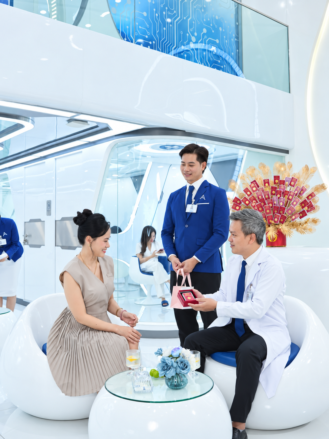 Bác sĩ trao đổi cùng khách hàng tại khu vực tiếp đón