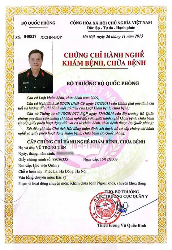 Chứng chỉ hành nghề khám bệnh, chữa bệnh - TS.BS Vũ Trọng Tiến